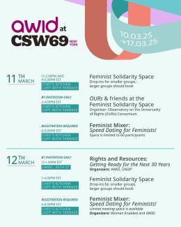 This image shows a full list of AWID at CSW69 activities 