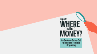 Banner image for the "Where is the Money?" Report. The banner shows an illustration on the right hand side, a hand is depicted, holding a magnifying glass. Within the illuminated white area, there are the words "Where is the Money? An evidence driven call to resource Feminist Organizing" 