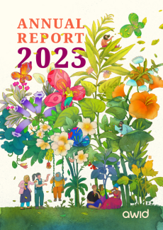 Cover image of the 2023 AWID Annual Report. The cover depicts a delicate watercolor illustration of a giant garden with colorful flowers and leaves. People are tending to the garden as if the flowers were large trees.