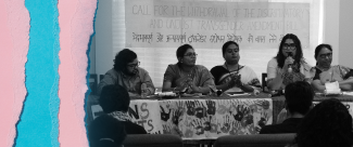 The banner for this analysis shows a group of people sitting at a table with various signs in defense of trans people's rights. There are 4 activists engaging in dialogue.